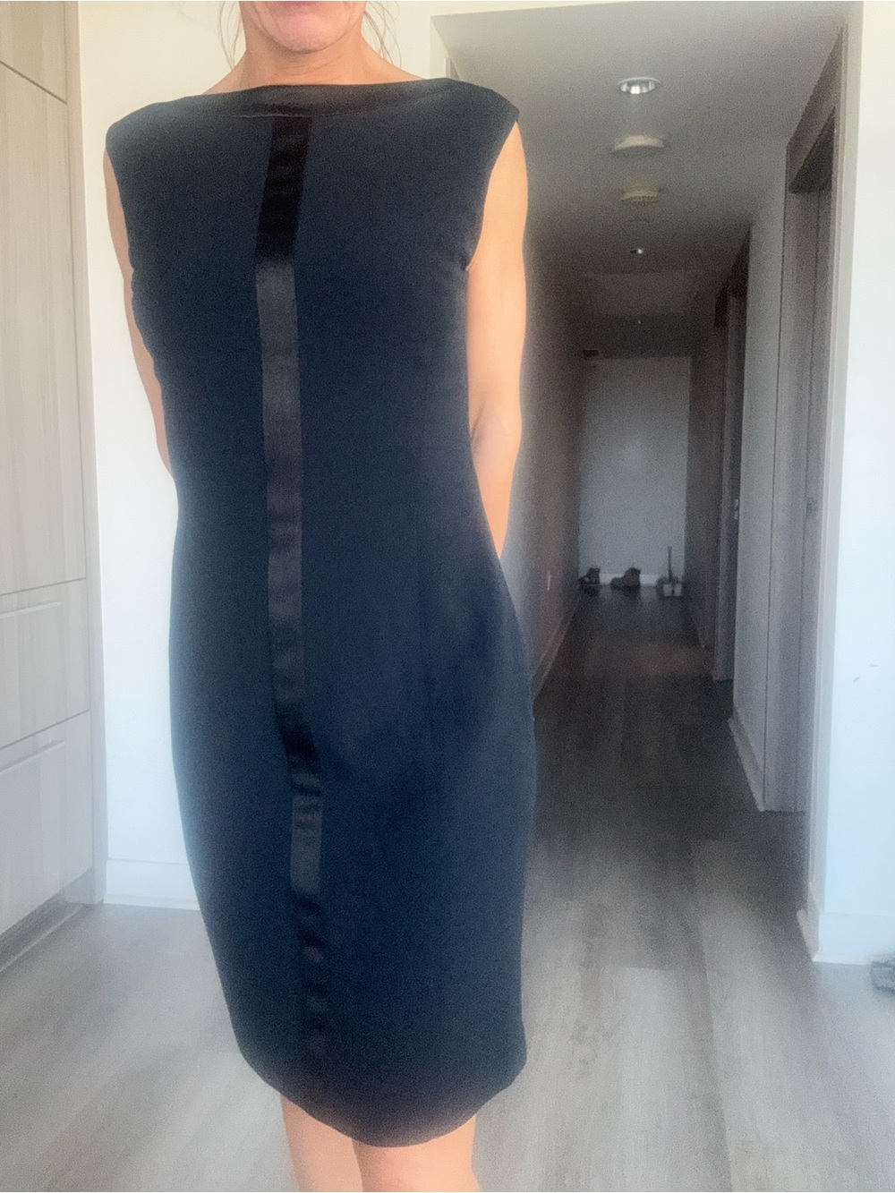 Sleeveless Black Sheath Dress with Satin Front Detail